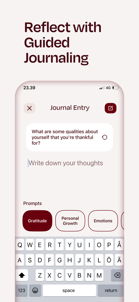 Sourhealing app guided journaling screen with a gratitude prompt and reflection categories