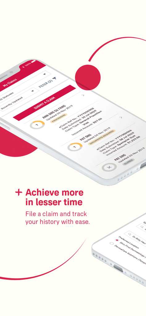 Tela do aplicativo AIA eBenefits mostrando o status do sinistro e o histórico de envio para benefícios médicos.