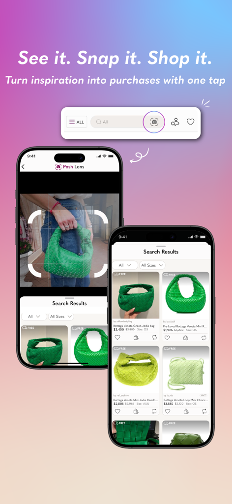 Poshmark: Buy & Sell Fashion - 写真に基づいて緑のハンドバッグの検索結果を表示するPoshmarkアプリのPosh Lensビジュアル検索機能