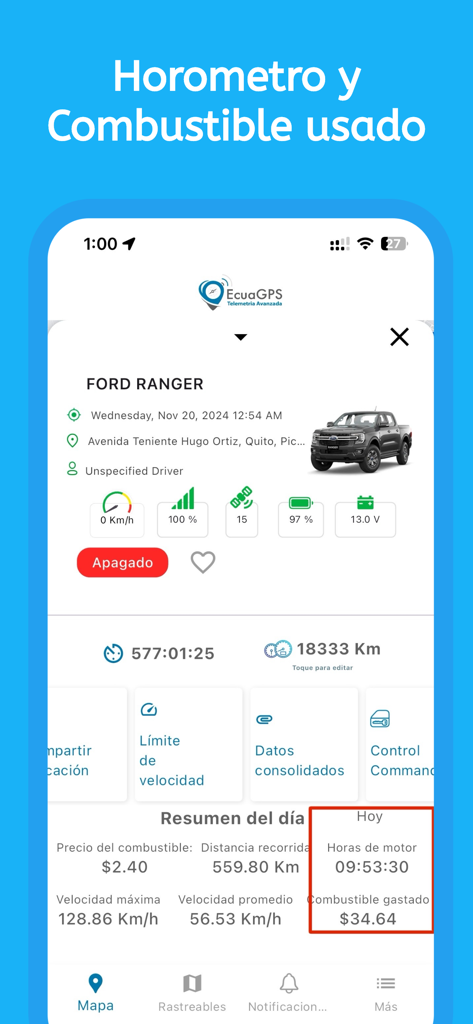EcuaGPS - EcuaGPS app interface displaying vehicle diagnostics including fuel consumption and engine hours for a Ford Ranger