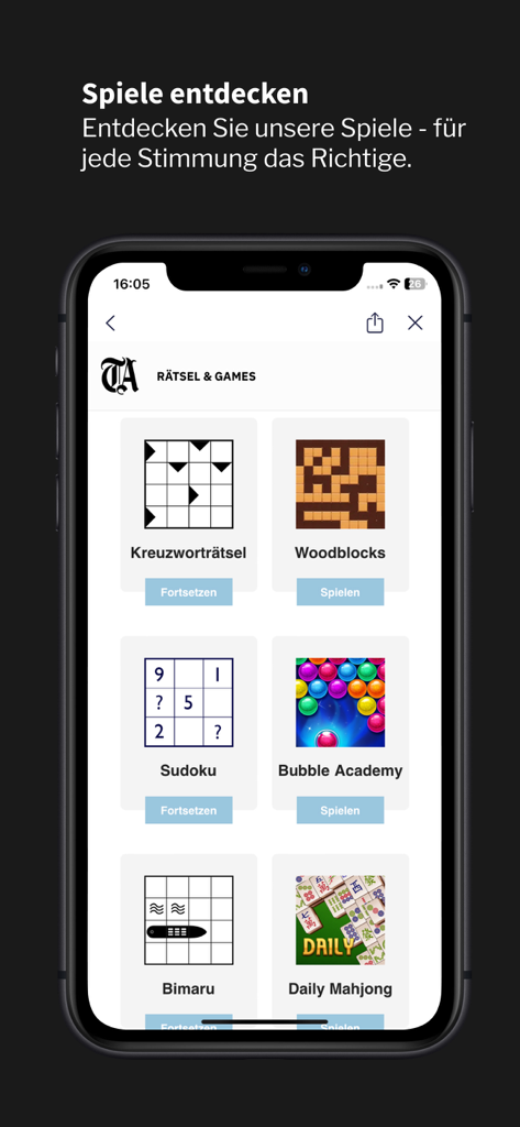 Tages-Anzeiger Nachrichten-App Spiele- und Puzzle-Bereich mit Sudoku und Kreuzworträtseln.