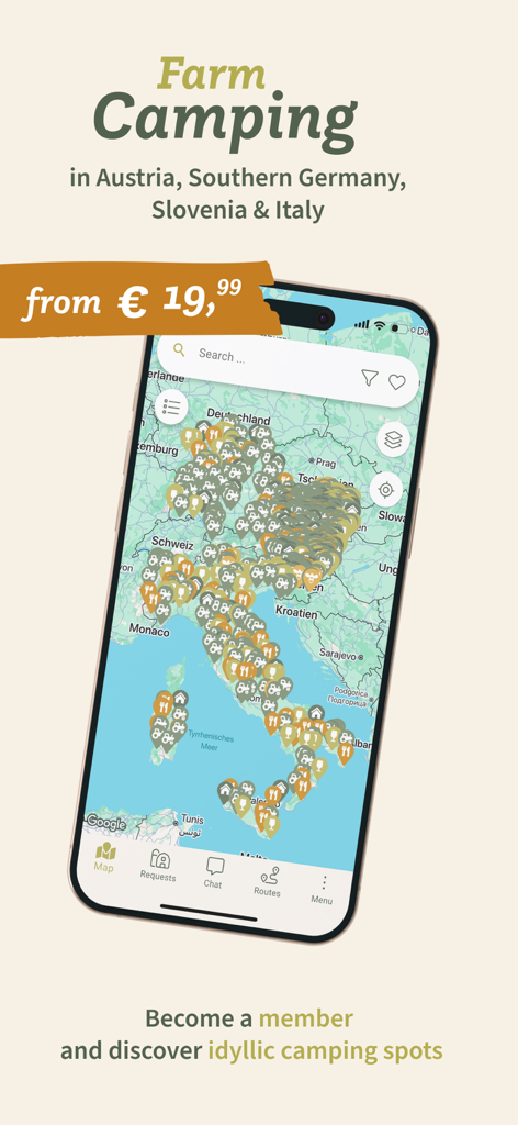 A smartphone showing a map with hundreds of farm camping locations across Austria Germany Slovenia and Italy
