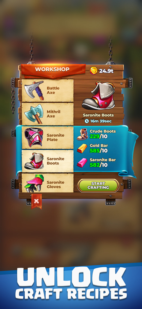 Orecraft: Mining Camp - A workshop menu in Orecraft Mining Camp showing crafting recipes for fantasy weapons and armor