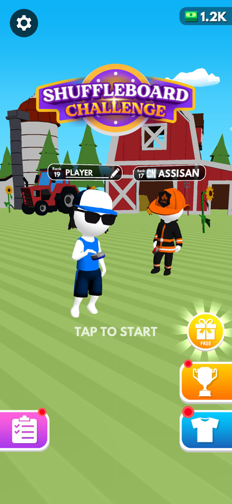 Shuffleboard Challenge - Menú principal de Shuffleboard Challenge mostrando dos avatares personalizables en un entorno de granja con un botón de tocar para empezar