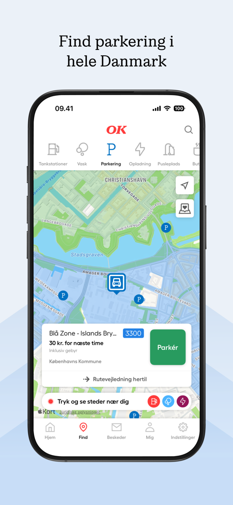 OK: Tank, oplad, vask, parker - OK app interface showing a map of Copenhagen with parking zones and a button to start parking