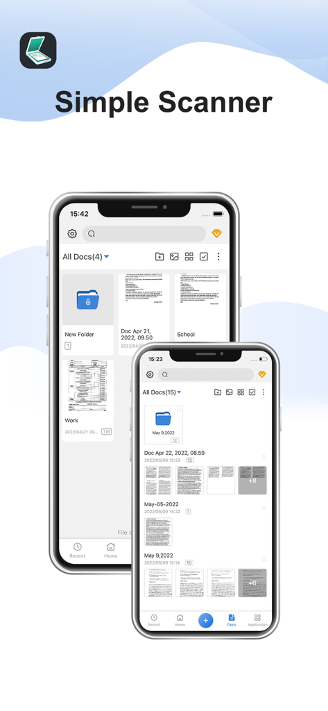 Deux iPhones affichant l'interface de gestion de documents de l'application Simple Scanner