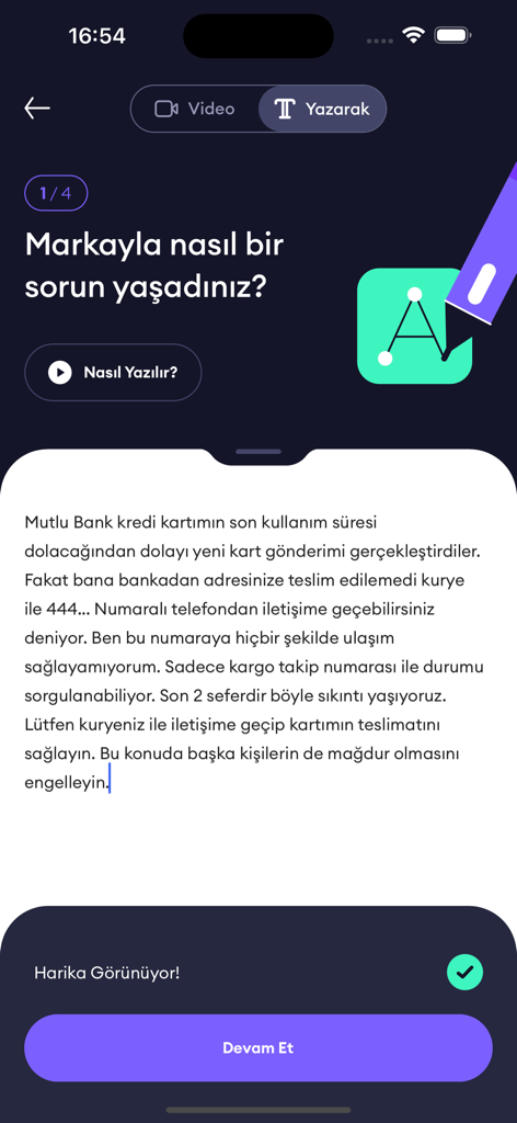 Şikayetvar - Una interfaz de usuario que muestra el campo de entrada de texto para enviar una queja en la aplicación Şikayetvar