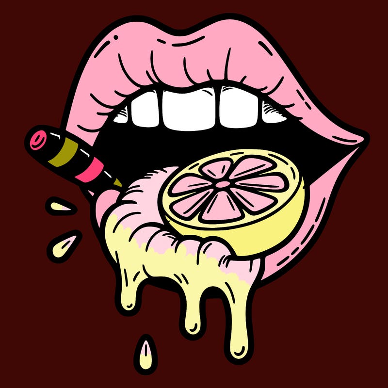 a lip with teeth with a bottom lip with teeth with a lime dripping with juice