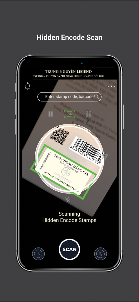 Smartphone screen showing the Vietcheck app scanning an anti-counterfeit stamp on a product package