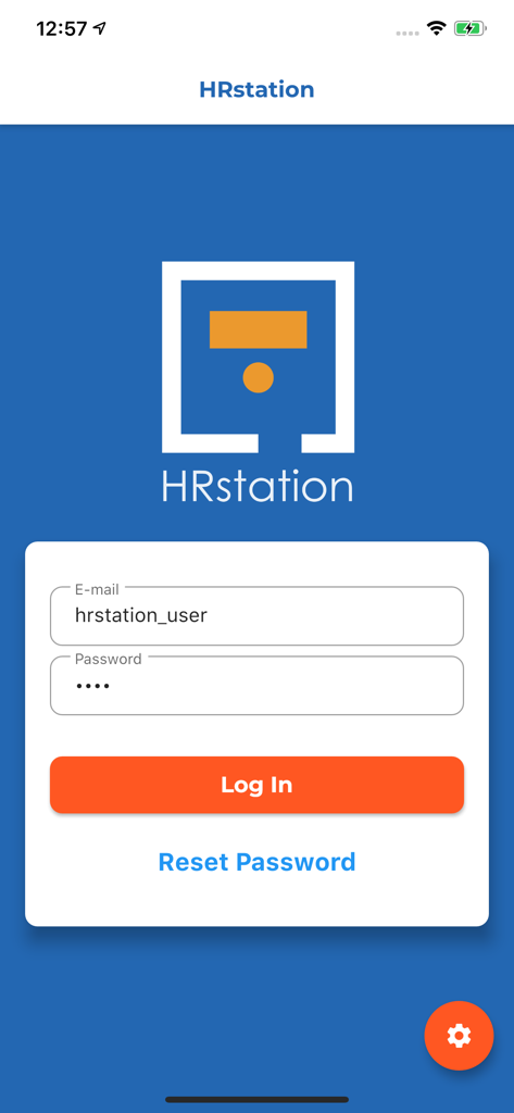 HRstation - Login screen of the HRstation app showing email and password input fields and a log in button
