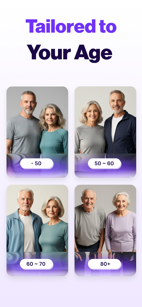 Chair Exercises for Seniors - Age selection screen showing categories from under 50 to over 80 for customized senior workouts