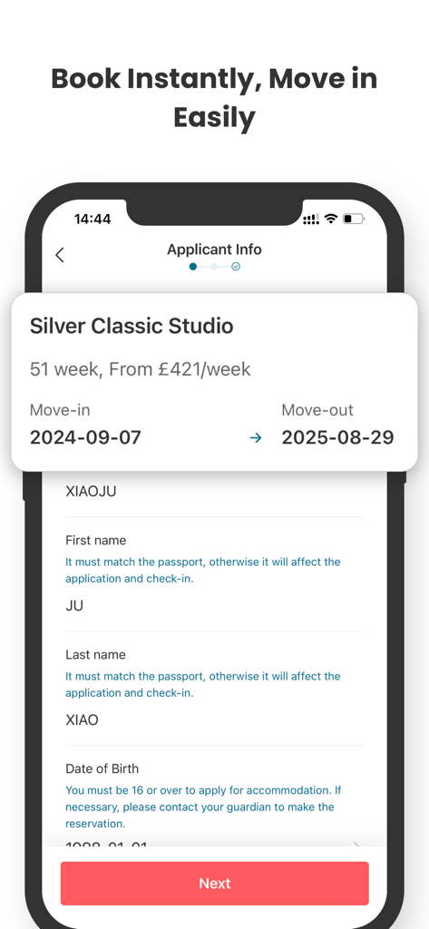Mobile app screen showing a student housing application form with fields for personal information and studio rental booking details.
