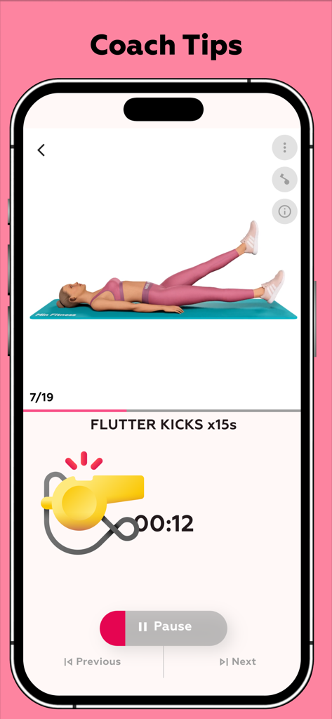 Women Workout - Burn Belly Fat - Interfaz de la app 'Entrenamiento para Mujeres' mostrando una animación 3D de 'flutter kicks' con un temporizador de 15 segundos.