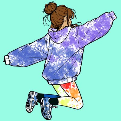 realistic girl jumping with a bun and oversized sweatshirt