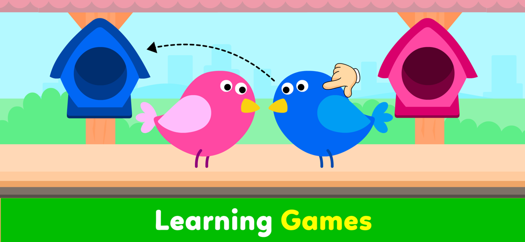 Toddler Car Games For Kids 2 5 - ピンクと青の鳥とその巣箱を使った色合わせアクティビティを特徴とする幼児向け学習ゲーム