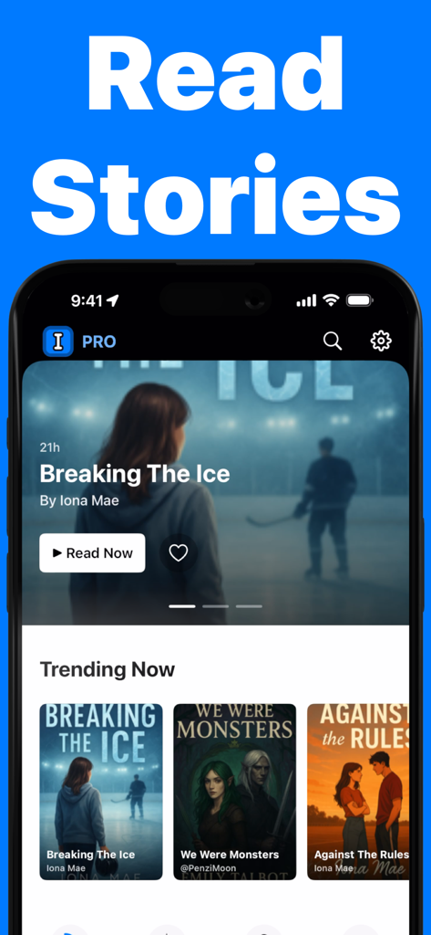 Story Writer App-Oberfläche, die trendige Geschichten und Bücher zum Lesen anzeigt.