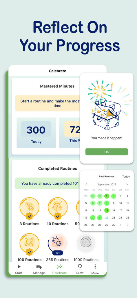 A screen from the Brili app showing progress statistics, completed routine badges, and a celebration notification.