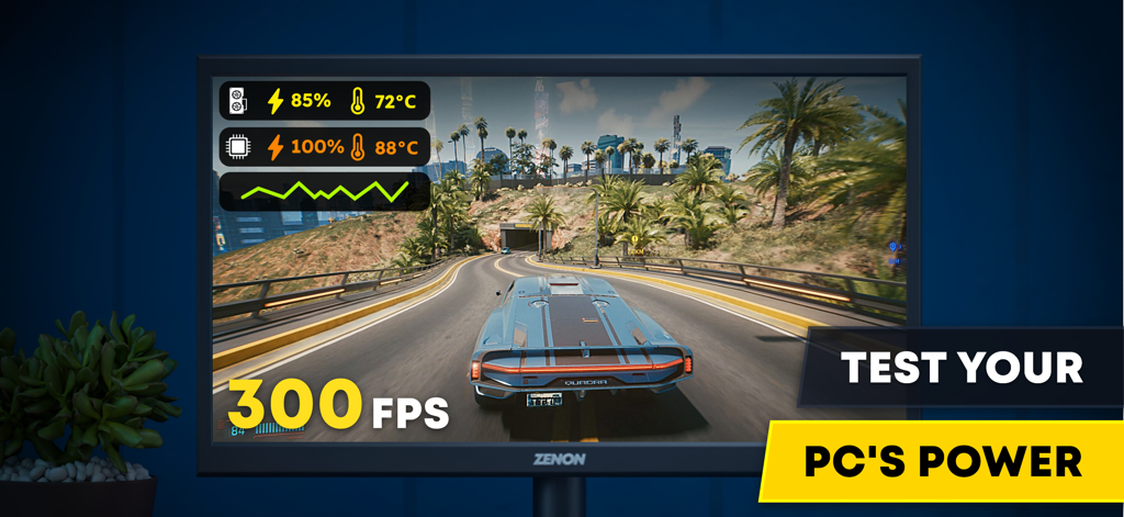 Prueba de benchmark de PC Creator 3 mostrando un rendimiento de 300 FPS en un monitor de juegos