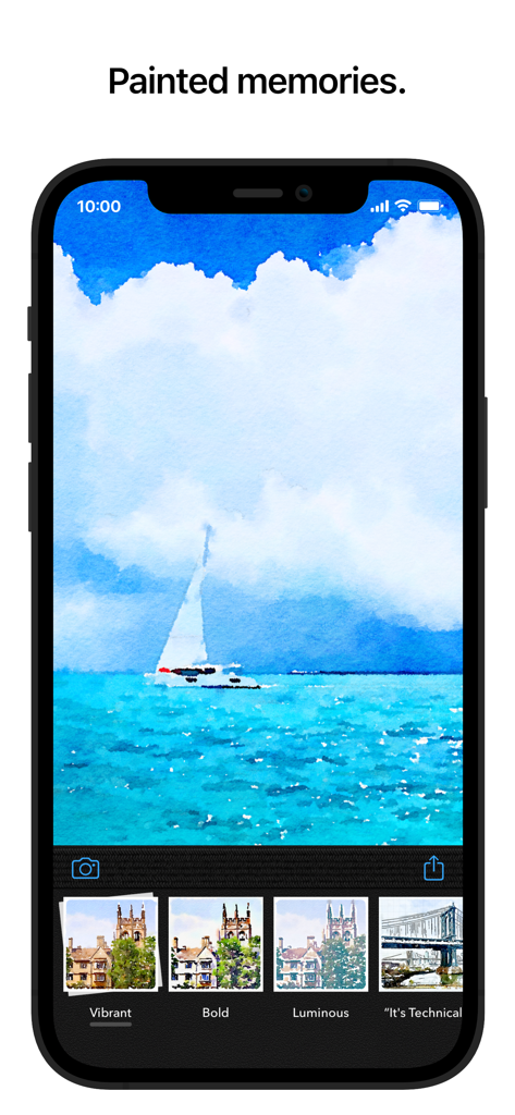 A smartphone screen displaying a watercolor painting of a sailboat created with Waterlogue.