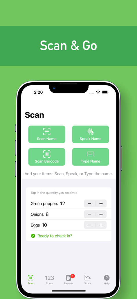 바코드 및 음성 옵션이 있는 음식 재고 스캔 및 추적을 위한 ChefStock 모바일 앱 인터페이스