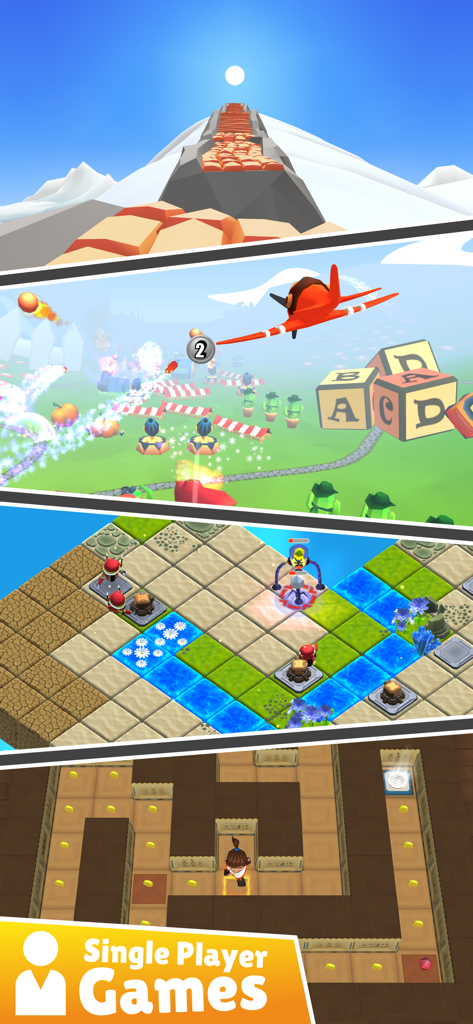 Finger Fights: 2 player games - Un montaje que muestra varios minijuegos para un solo jugador dentro de la aplicación Finger Fights