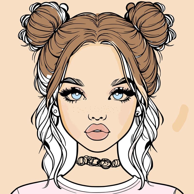 realistic girl with two buns in hair and lips