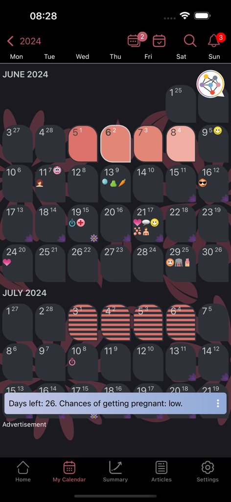 Detailed period tracking calendar in WomanLog app with symptoms and fertility forecast