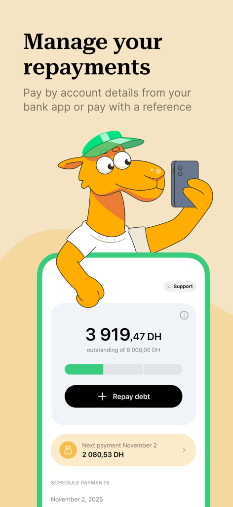 Credit Plus app dashboard for managing loan repayments and viewing outstanding balance with camel mascot