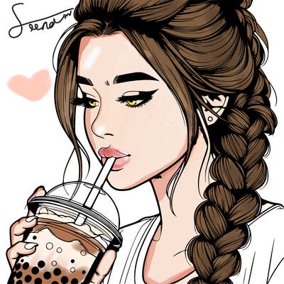 realistic girl drinking boba tea with braided hair