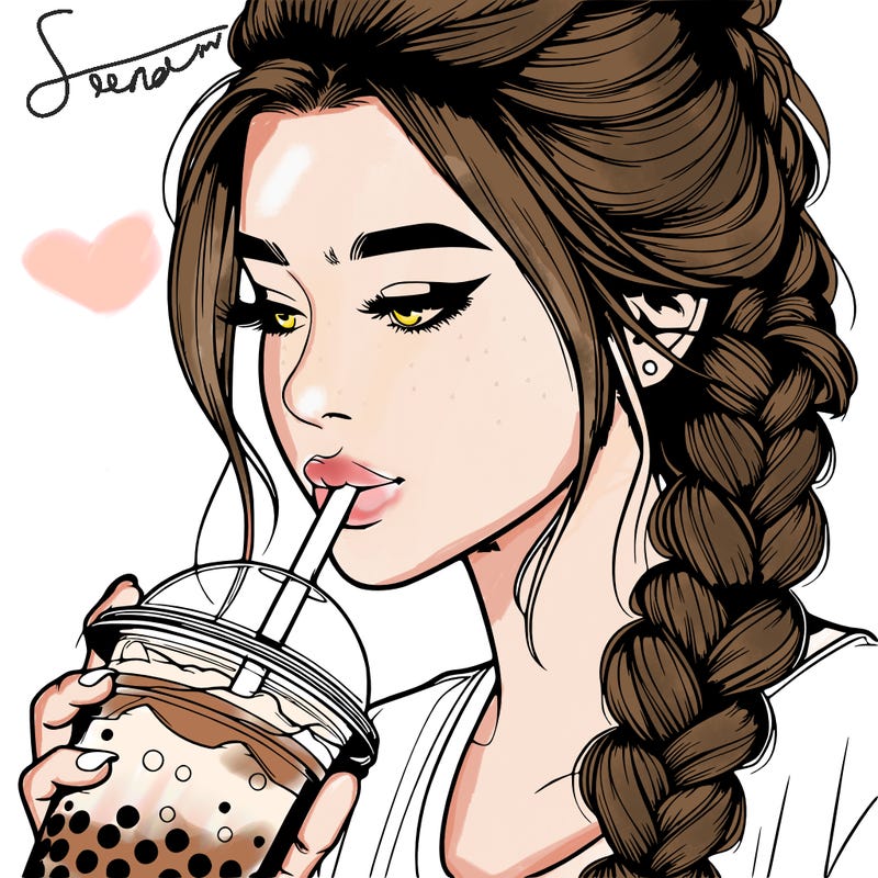 realistic girl drinking boba tea with braided hair