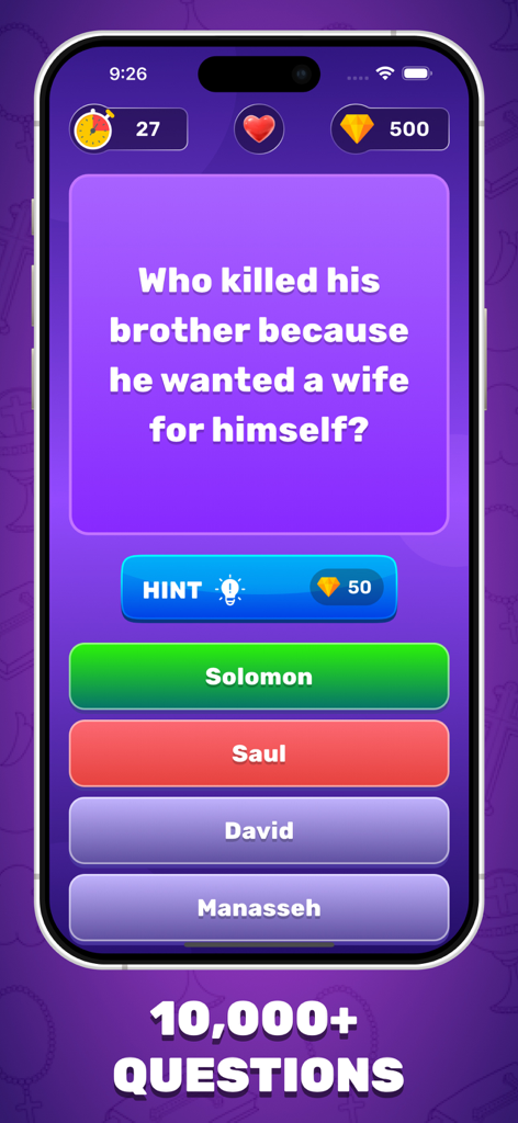 A smartphone screen displaying a Bible trivia question with multiple choice answers and a hint button