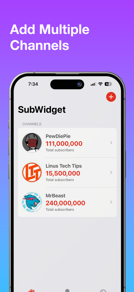 SubWidget - Widget for YouTube - SubWidget app interface on iPhone showing a list of YouTube channels with their live subscriber counts