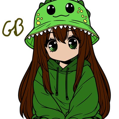 girl with anime shaped eyes with a dinosaur bucket hat oversized sweatshirt long straight hair