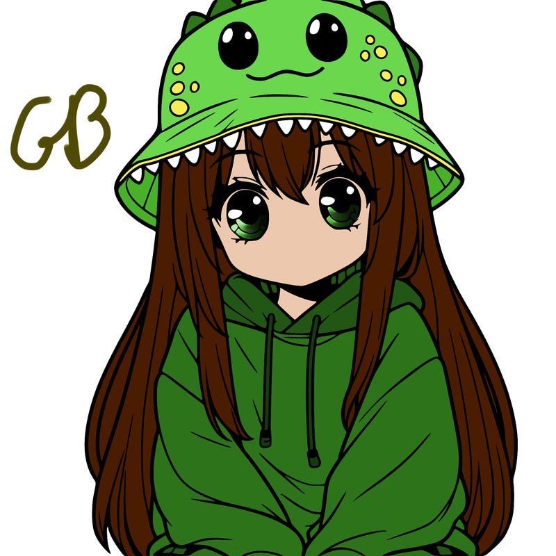 girl with anime shaped eyes with a dinosaur bucket hat oversized sweatshirt long straight hair