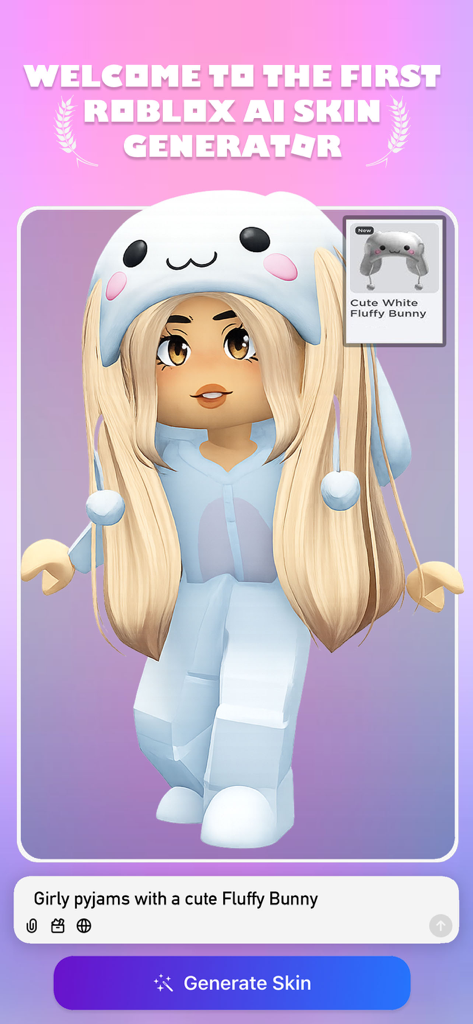 Skin Creator AI for Roblox - Interface of the Skin Creator AI for Roblox app showing a character in custom fluffy bunny pajamas.