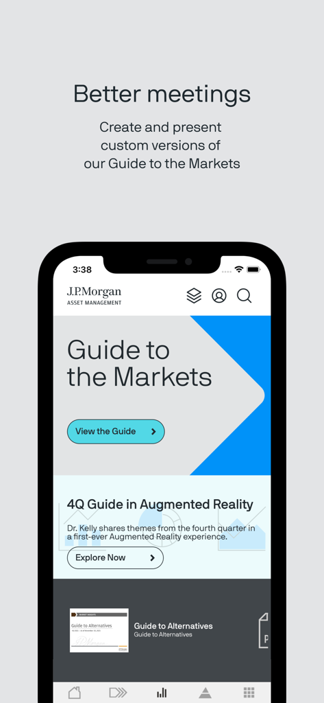 Insights by J.P. Morgan app screenshot showing custom versions of Guide to the Markets for meetings.