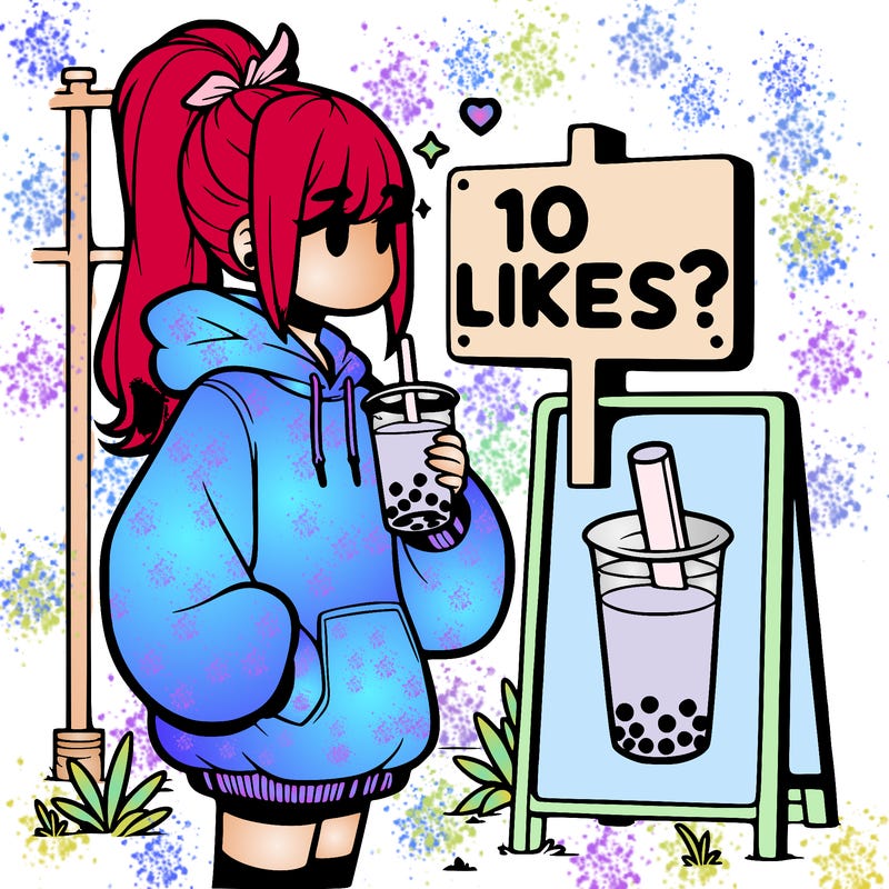 girl with oversized hoodie drinking boba and she has a high ponytail with a sign that says 10likes?