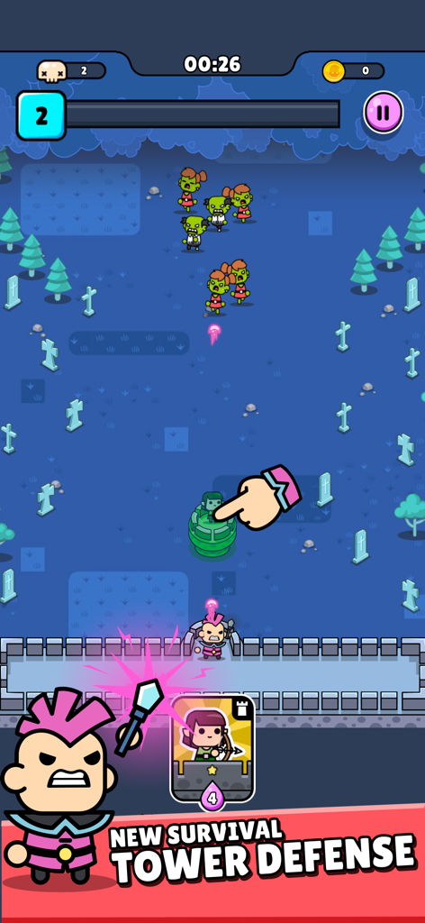 Punko.io: Tower Defense TD - Captura de tela do jogo mobile Punko.io mostrando um herói defendendo uma muralha contra zumbis em um cenário de cemitério.