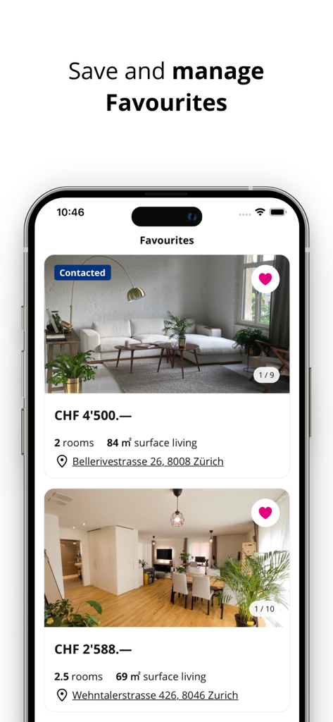 Mobile app interface displaying saved real estate favorites with property images and details