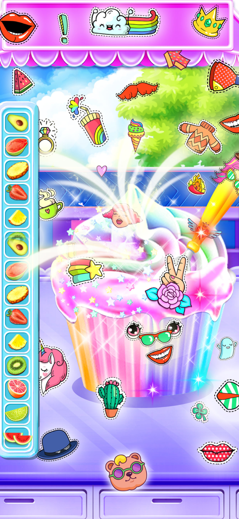 Ice Cream Delivery Games - ICE - Decorating a rainbow ice cream cup with stickers and fruit in a creative game for kids