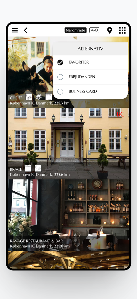 RestaurangGuiden's Gift Card - RestaurangGuiden mobile app showing a list of restaurants in Copenhagen with a filter menu for favorites and business cards.