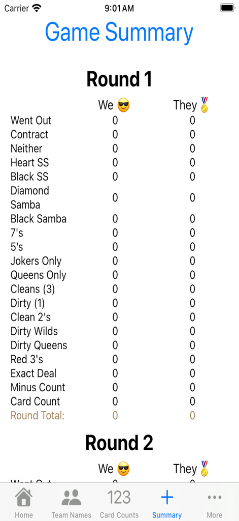 Hearts Samba Scoring - Hoja de puntuación digital para el juego de cartas Samba que muestra varias categorías de puntuación para dos equipos.