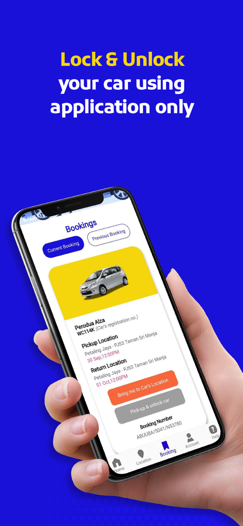 Perodua Alza 렌터카 예약을 표시하고 애플리케이션을 사용하여 차량을 잠금 해제하는 옵션이 있는 KLEZCAR 모바일 앱 화면