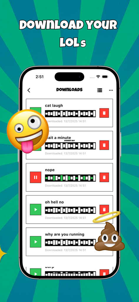 Tela de downloads no aplicativo Meme Soundboard mostrando uma lista de sons virais com emojis engraçados