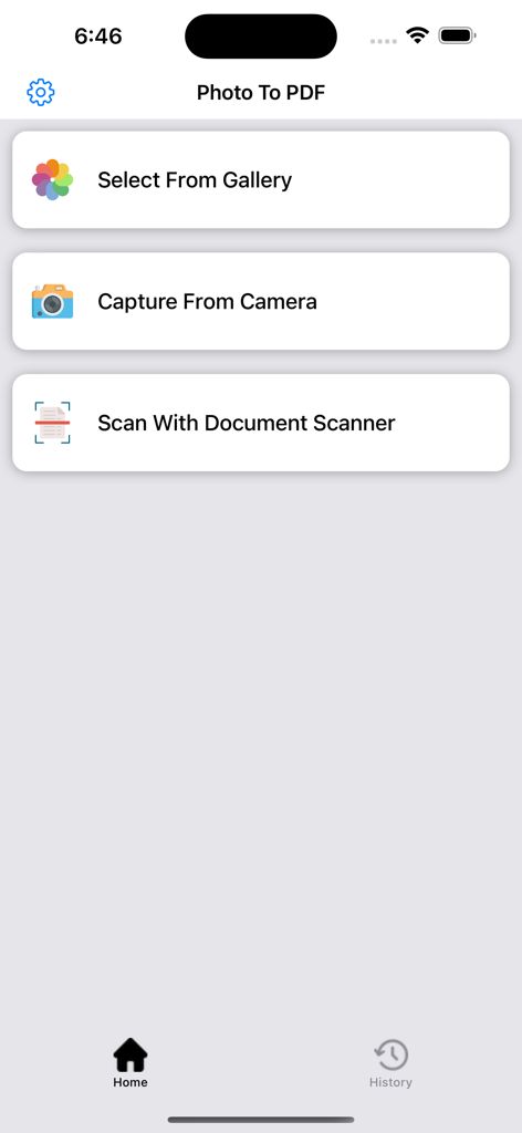 Convert Picture To PDF Maker - Home screen of the Photo To PDF app showing options to select from gallery, capture from camera, or scan documents.