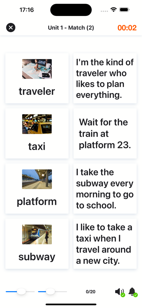 2000 Core English Words (2) - traveler, taxi, subway와 같은 단어가 포함된 2000 필수 영어 단어 앱의 어휘 매칭 연습 스크린샷