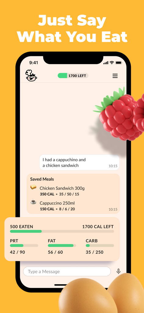 Lolo: Food & Calorie Tracker - Interface da app Lolo mostrando rastreamento de alimentos por IA através de entrada de texto em linguagem natural com contadores de calorias e macros.
