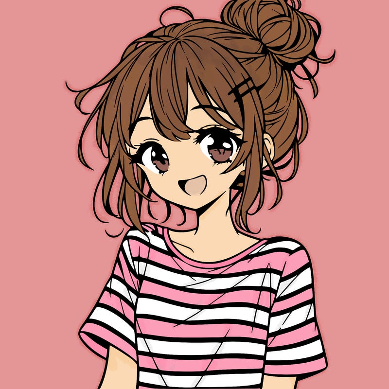 anime girl teenager striped shirt and smile and messy bun