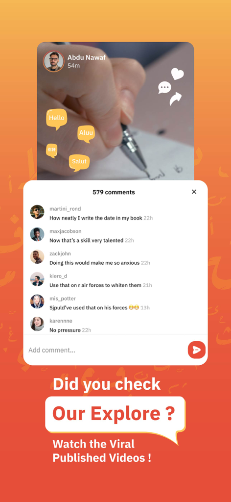 Teach Me Arabic - Social feed in the Teach Me Arabic app displaying viral videos and a comments section.