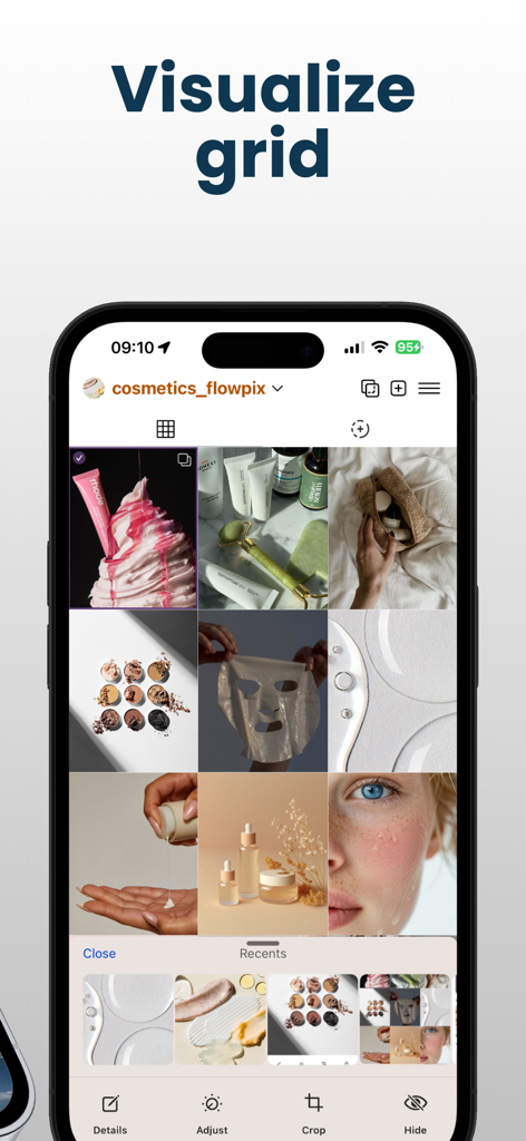 FlowPix Instagram Feed Preview - A smartphone showing the FlowPix app interface with a visual Instagram feed grid preview featuring aesthetic skincare images